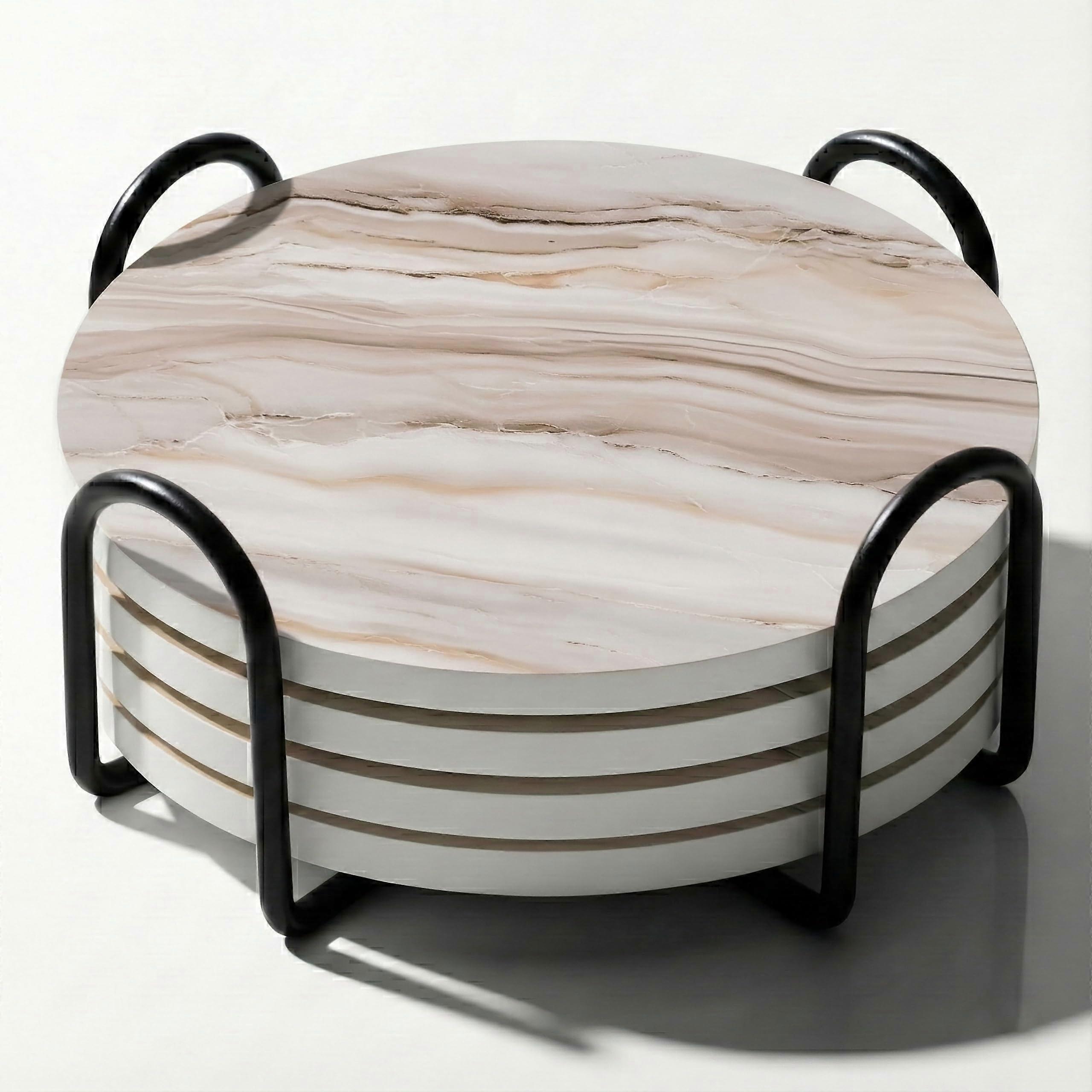 Ceramic Drink Coasters Set of 4 with Cork Backing, Absorbent Marble Design for Coffee Table, Sand Marble