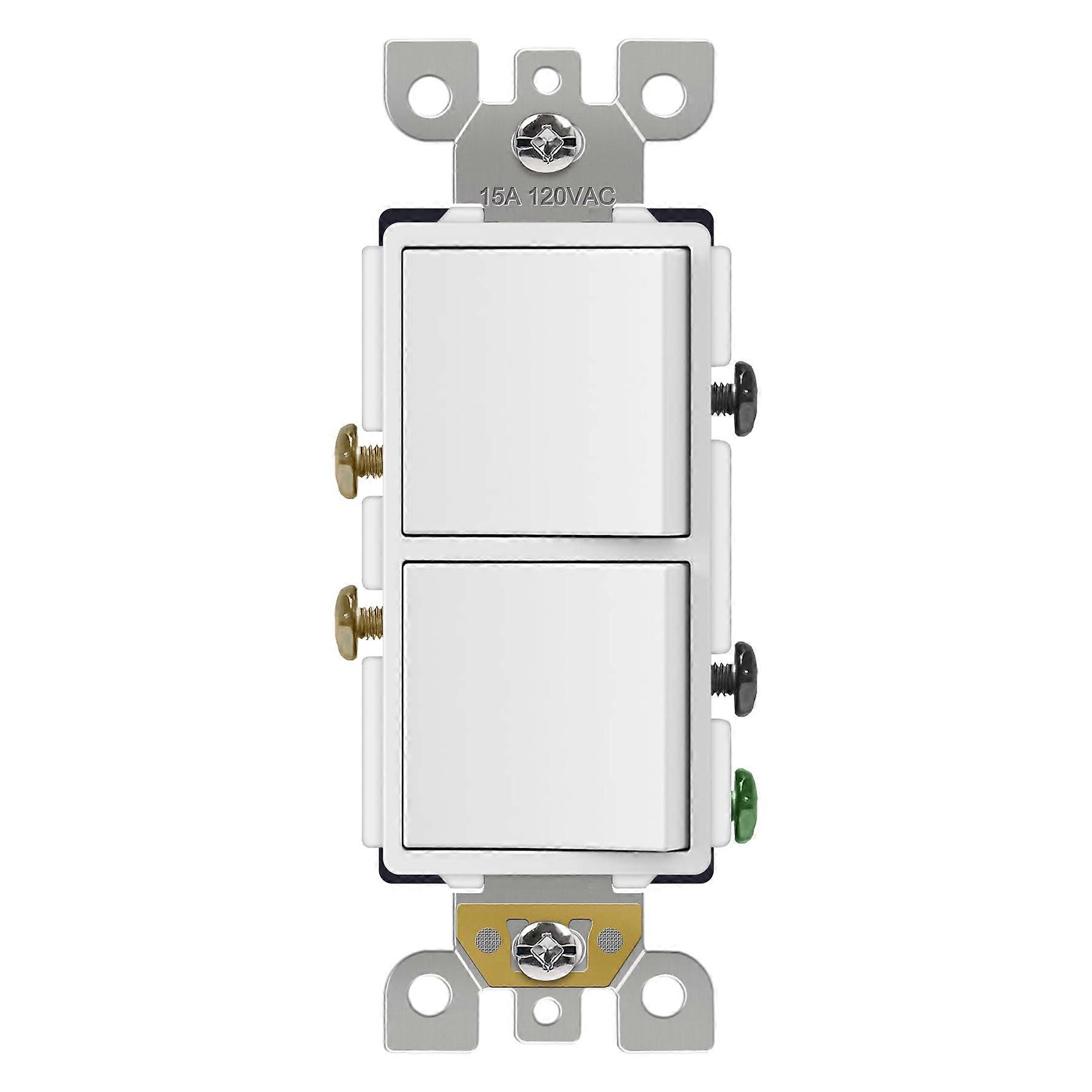 Double Rocker Light Switch 15A 120V SelfGrounding Single Gang Dual Paddle Wall Switch White