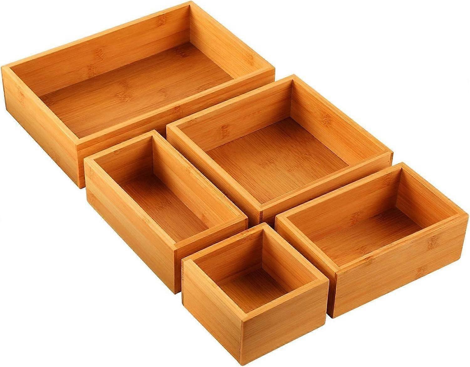 5 Piece Bamboo Drawer Organizer Set, Multi Size Kitchen Storage Boxes, Durable Natural Finish
