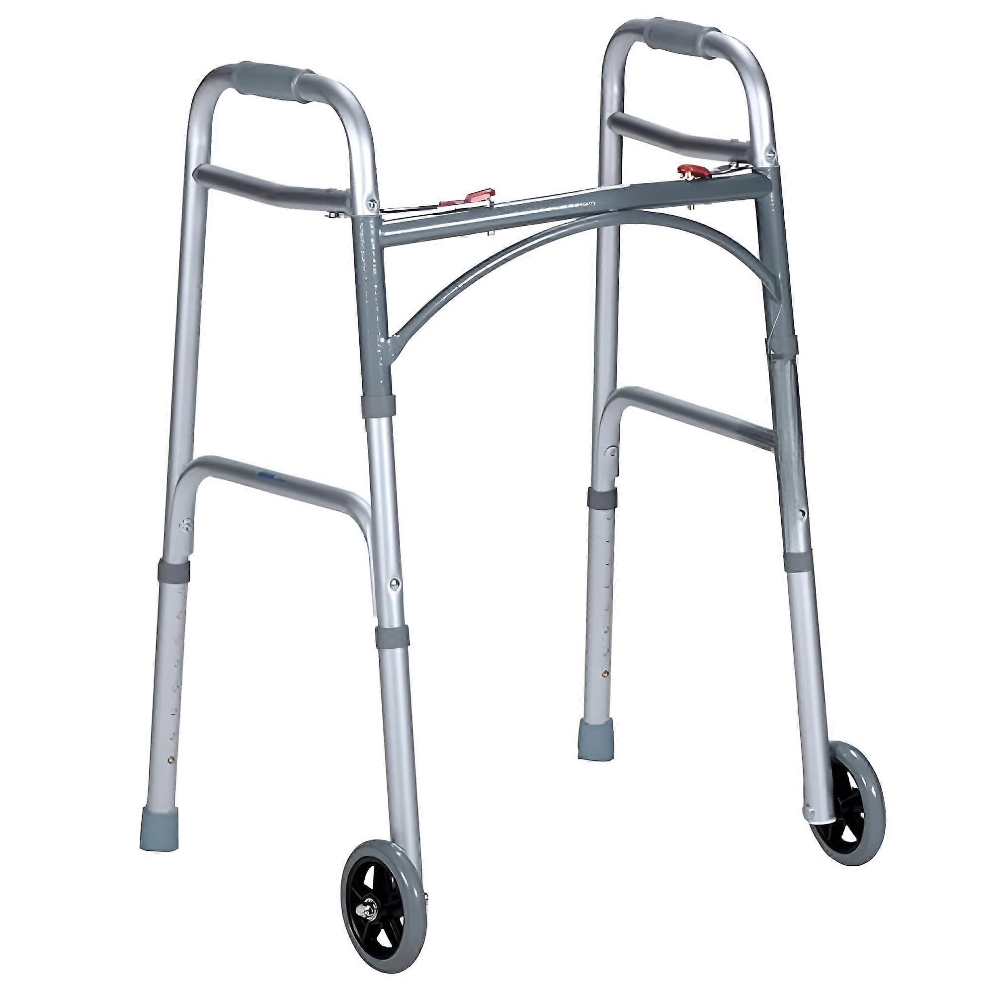 TwoButton Folding Walker with Wheels, Adjustable Height, 300 lbs Capacity, Lightweight Silver Frame
