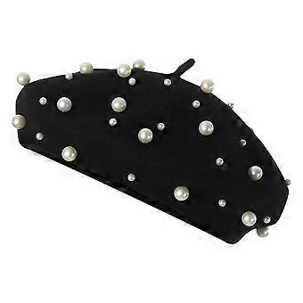 Damen-Perlenbarett, Winterbarett für Damen, Schwarz