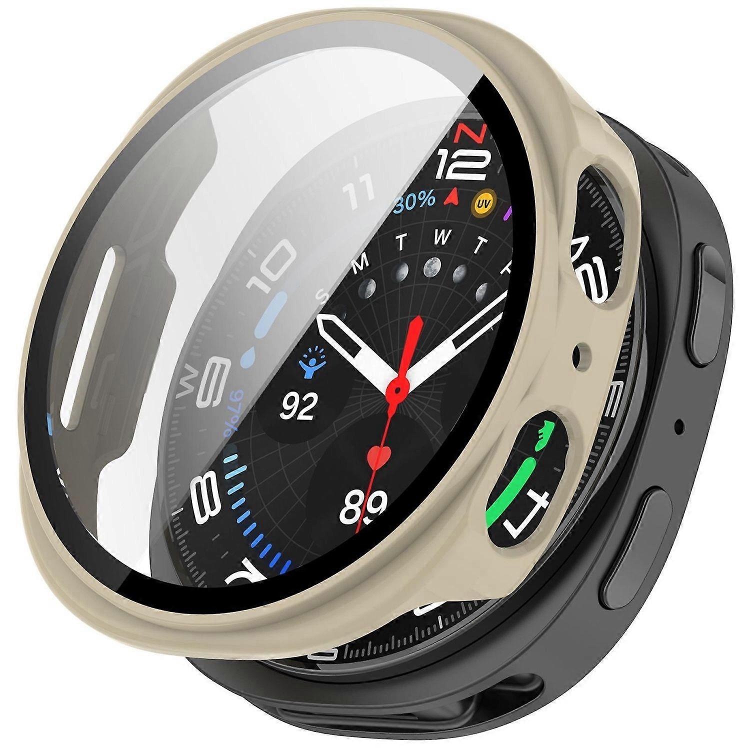 For Samsung Galaxy Watch 8 44mm Plastic Protective Case + 9H Tempered Glass Beige