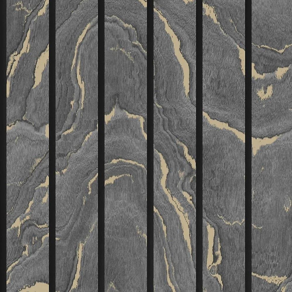 Woodgrain Panel Charcoal & Gold Wallpaper