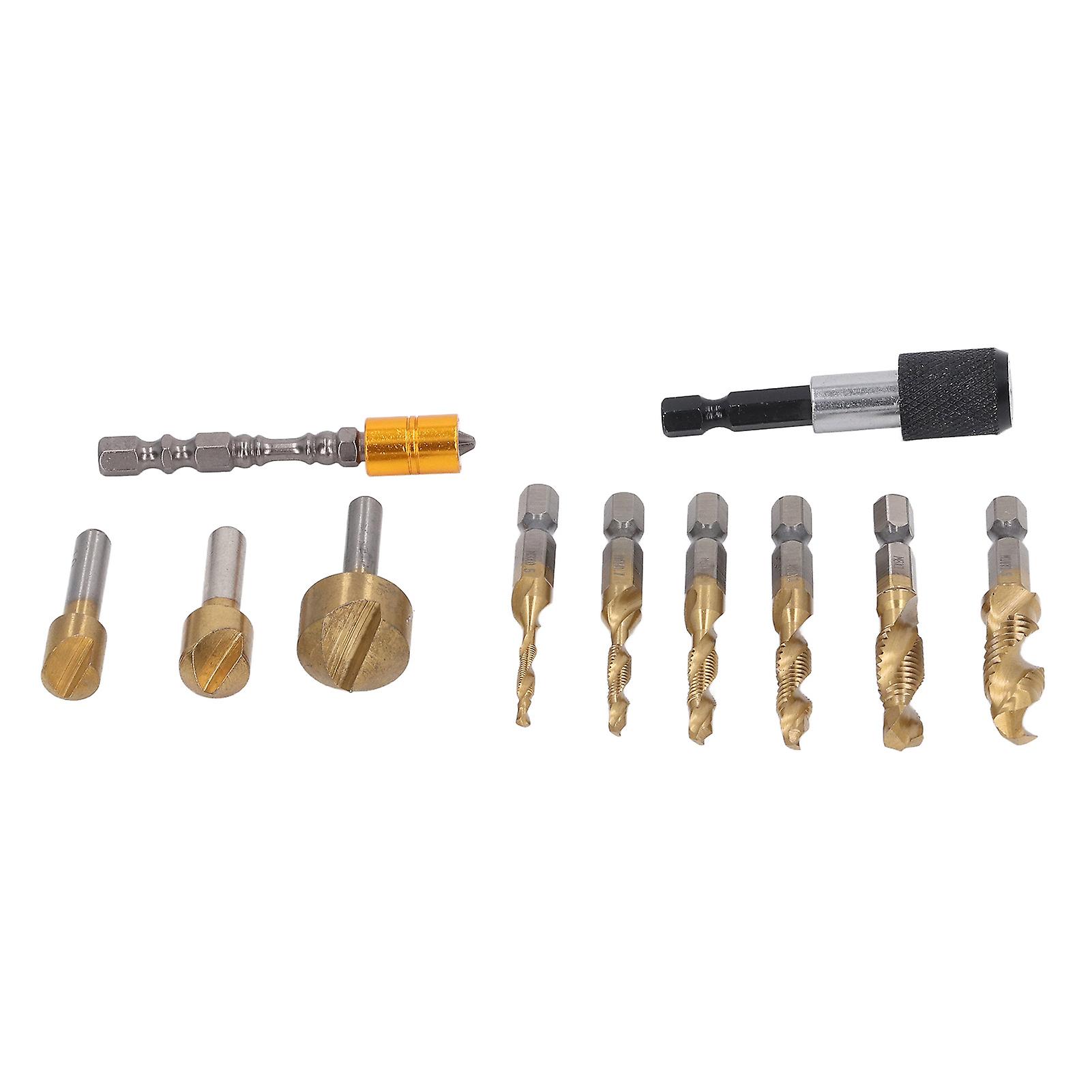 Risegun 11Pcs Chamfer Drilling Tools Woodworking Ti Coated Step Drill Bits Quick Release Extension Rod Tap Chamfering Tool Set