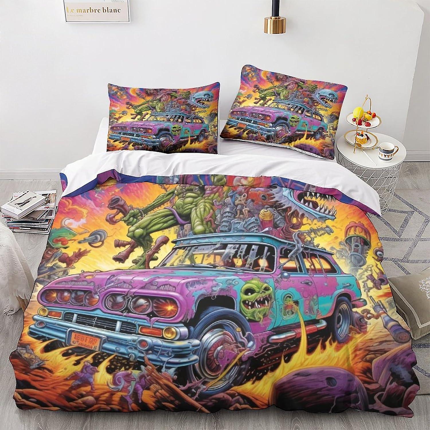 LikeEj Monsters Style 3D Digital Print Cartoon Bedding Sets vintage car Print Duvet Cover Sets Soft Microfiber 3Pcs Quilt Cover with Zipper Closure