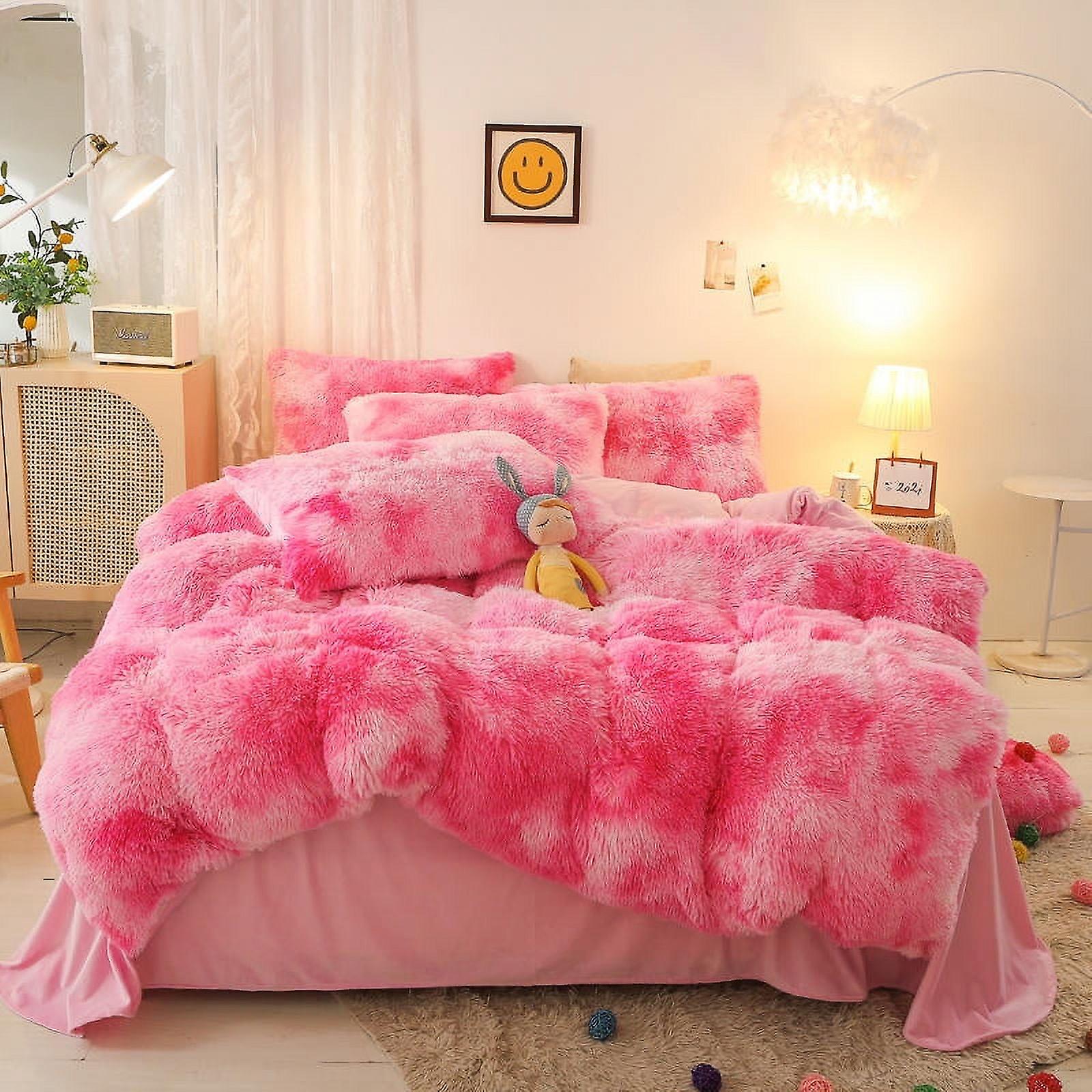Plush Duvet Cover Set 3 Piece - Luxury Ultra Soft Fluffy Fuzzy Comforter Cover with 2 Pillow Shams Faux Fur Bedding Set,Full Size,Pink White