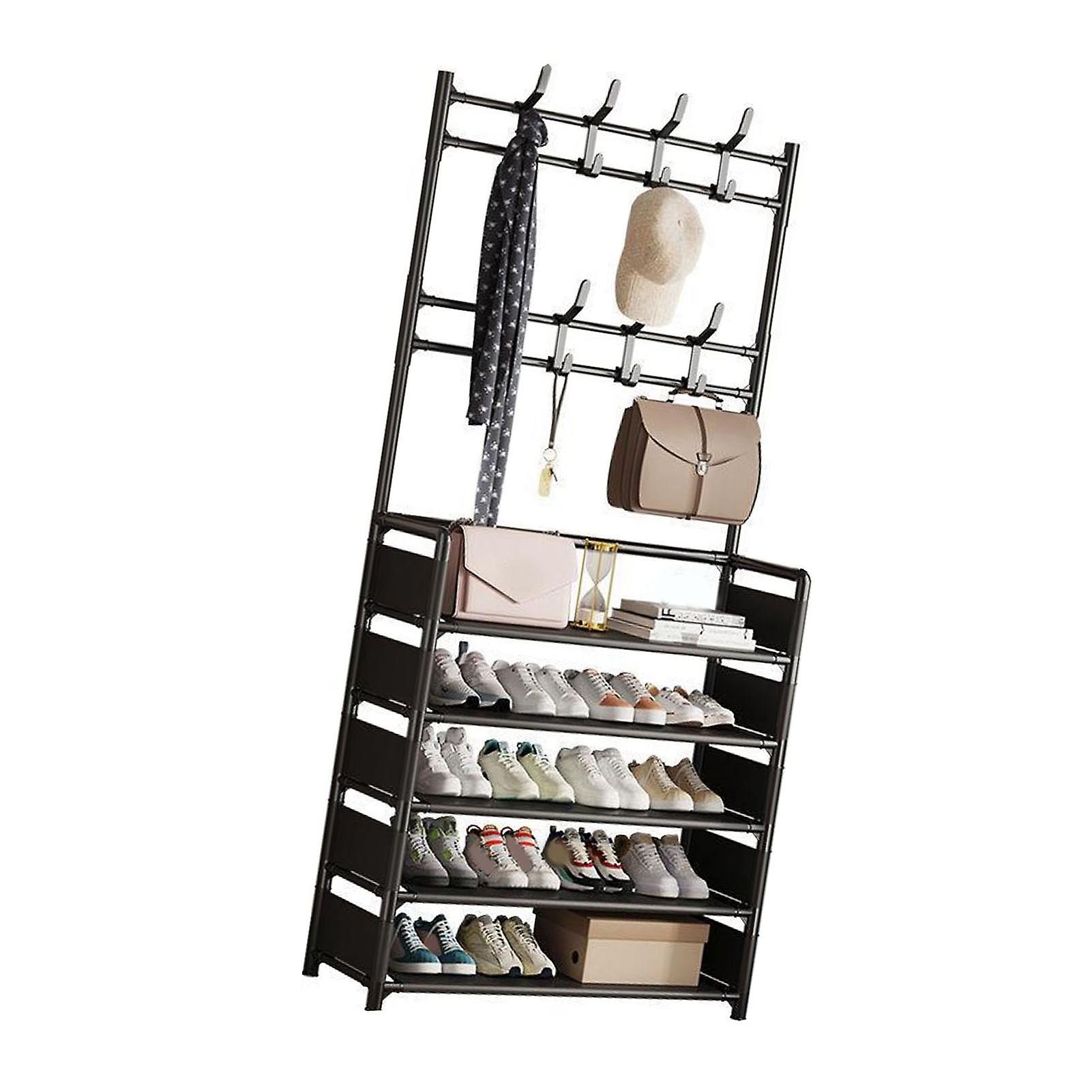 5-Tier Black Iron Shoe Rack 17cm Space with Hooks Easy Assemble