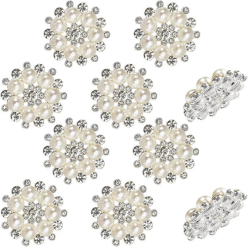 10Pcs Rhinestone Buttons Embellishments Flatback Pearl Rhinestone Flower Buttons Silver Alloy Decor Round Faux Pearl Buttons Embellishments
