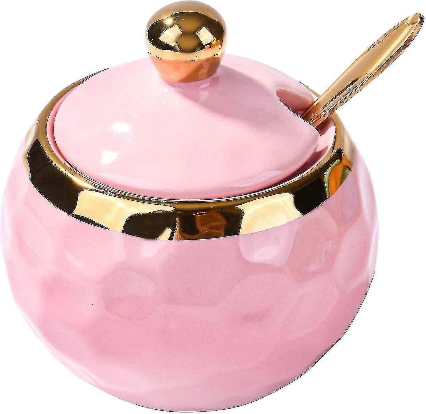 ホームキッチンセラミックシュガーボウルゴルフシェイプセラミックシュガーボウル、蓋とゴールドスプーン付き(ピンク)