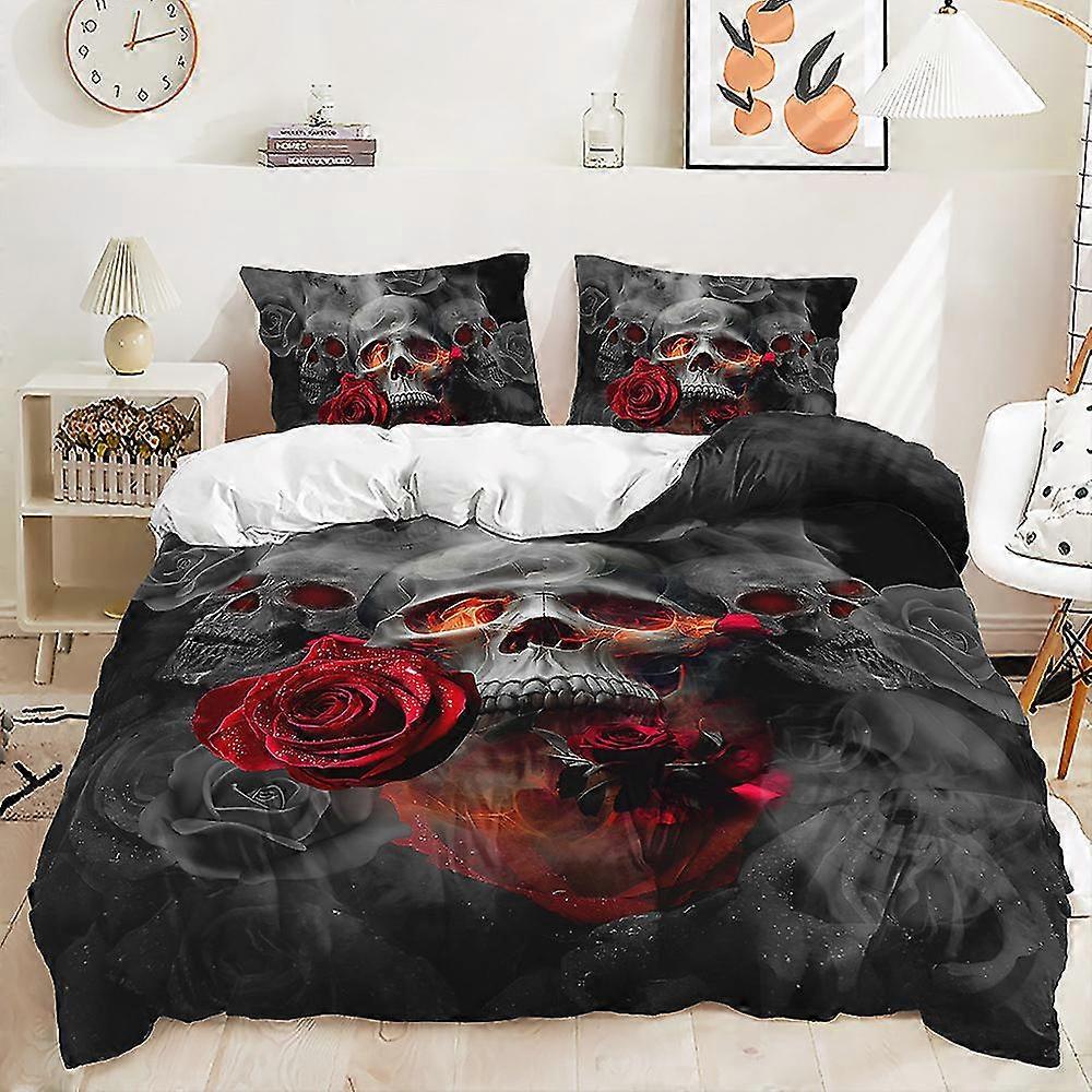 R.s.32 3d rosas impressas caveira edredom capa colcha capa fronha 2/3pcs roupa de cama conjunto de presente de Halloween