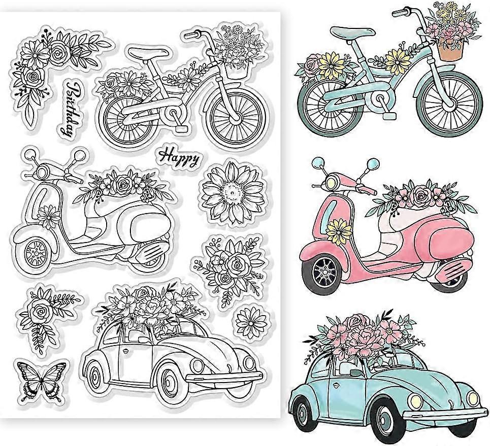 1Sheet Bicycle and Flower Clear Silicone Stamps