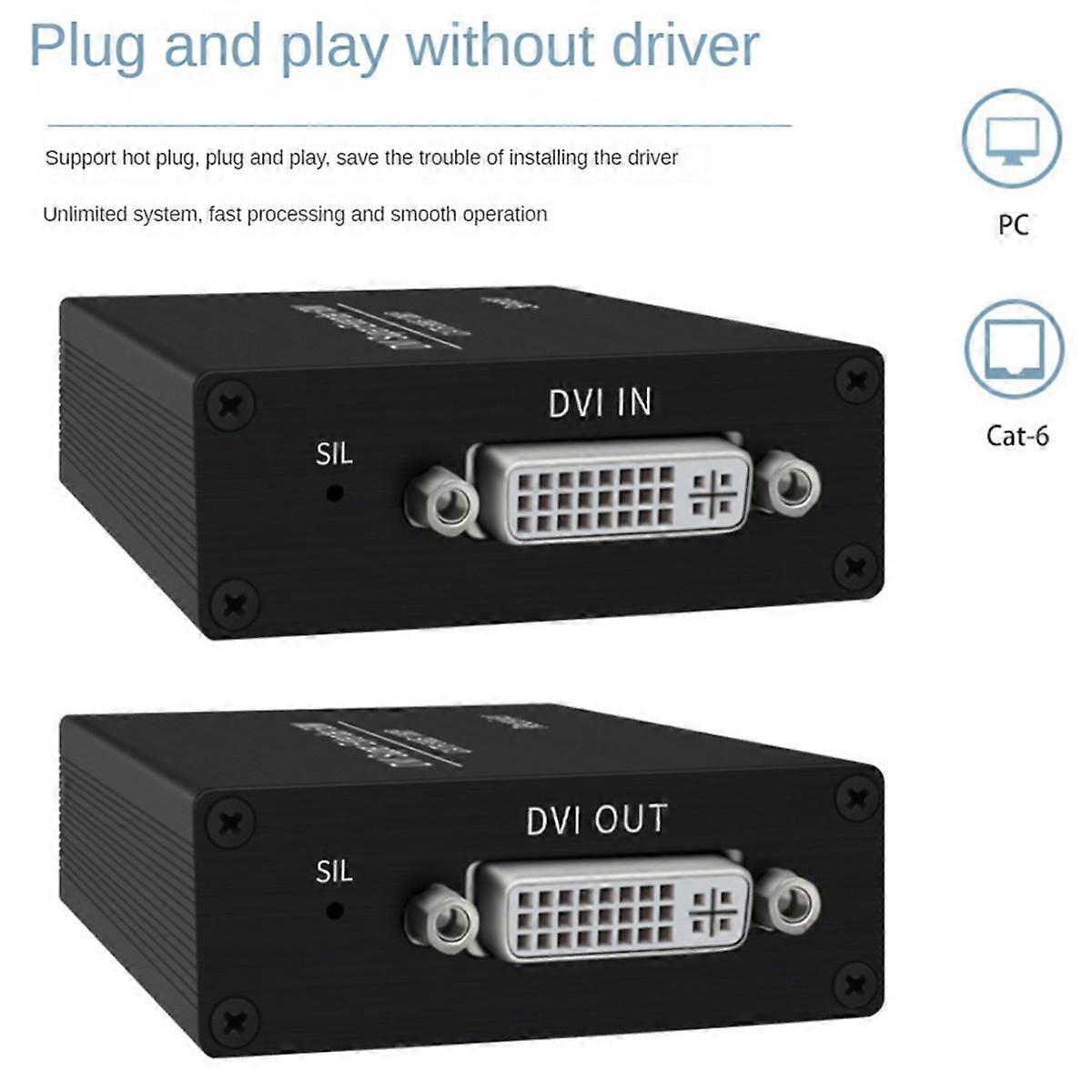 DVI Extender RJ45 Cat6 Cable Extender to 196.8Ft Transmitter Receiver DVI Ethernet Adapter HD 1920X1200 EU Plug