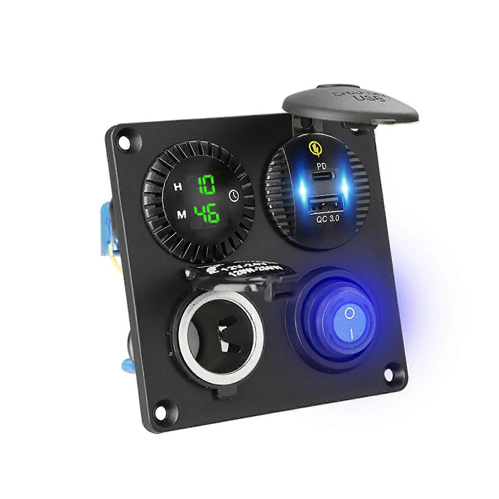 Qc3.0 Usb Type C Pd Charger Socket Adapter Power Outlet Digital Clock For Car