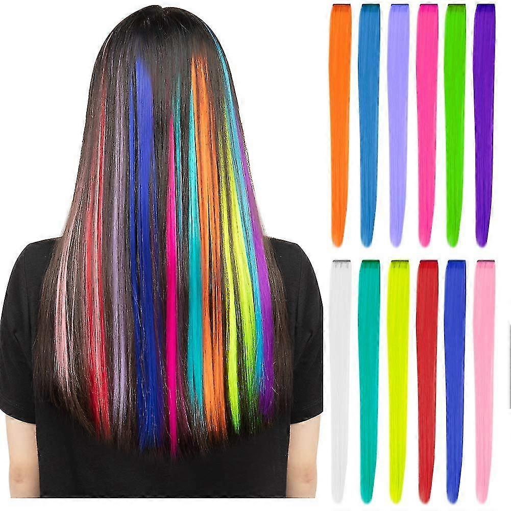 Lot de 12 extensions capillaires à clipser colorées, mèches synthétiques lisses de 55 cm, arc-en-ciel