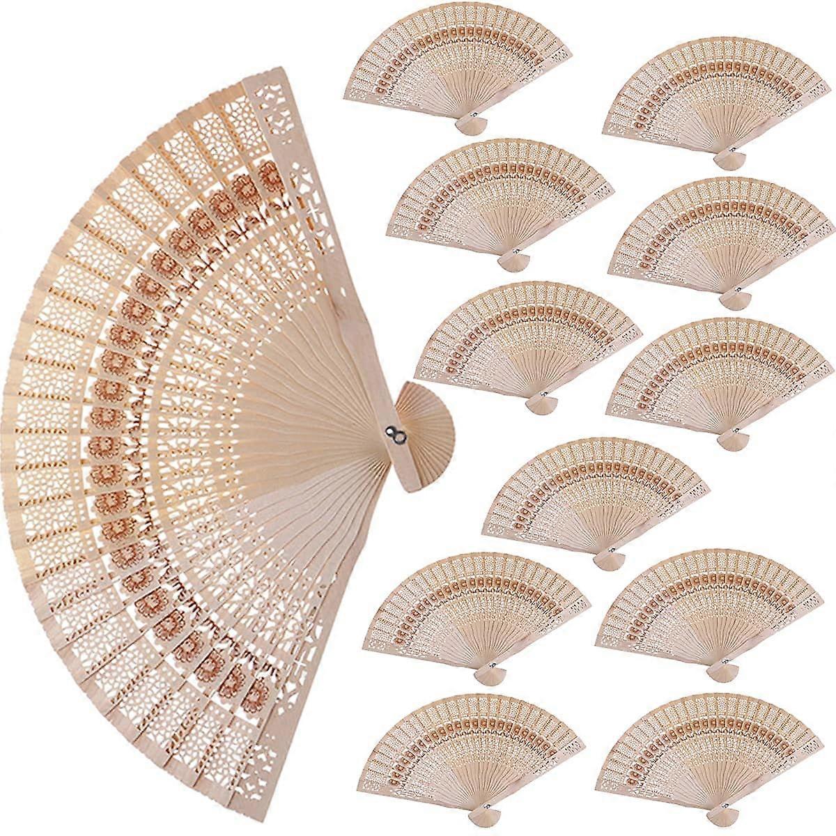 12pcs Sandalwood Fan, 8 Inch Chinese Wooden Openwork Personal Handheld Folding Fan for Wedding Party Home Decorations