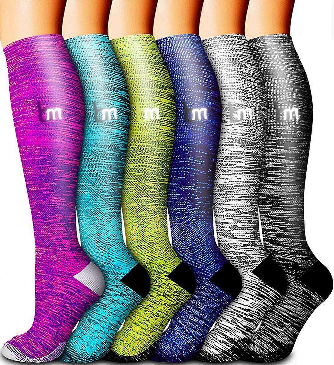 6 pair Quick-Drying Compression Calf Socks for Cycling, Hiking, and Skiing - Multi-Pattern Knee High Sports Ski Socks
