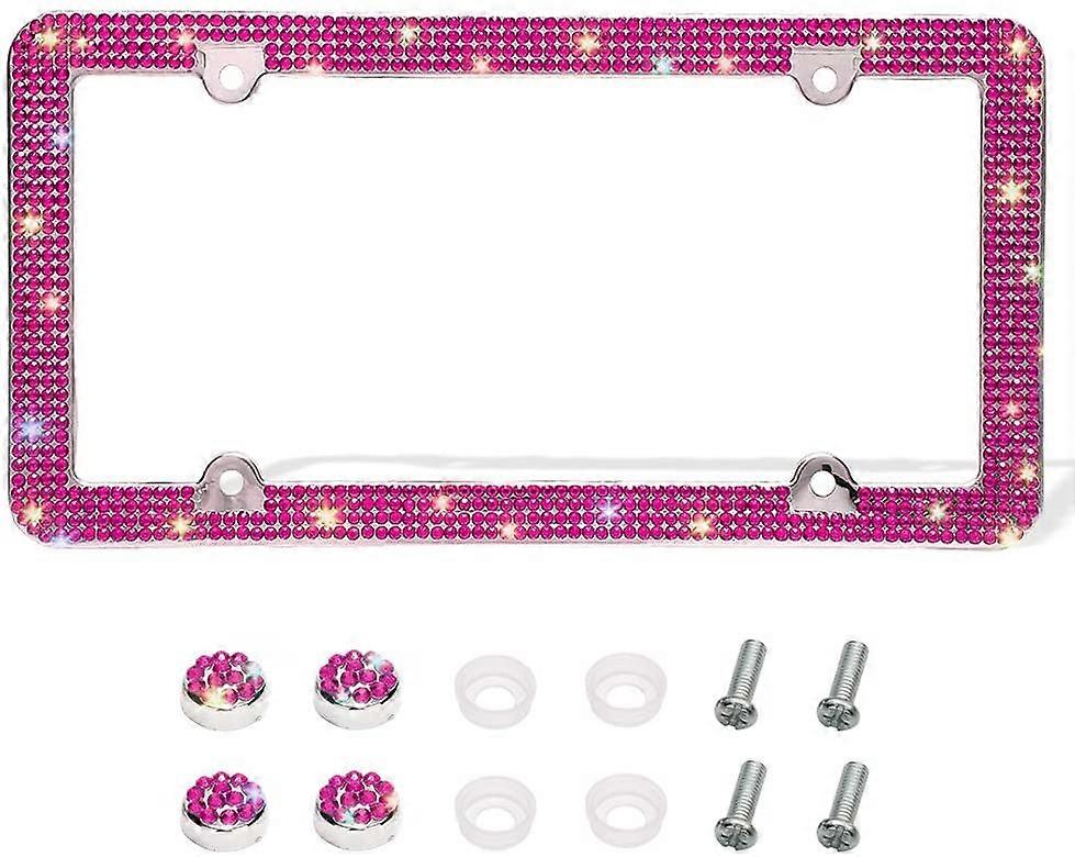 Bling nummerskilt ramme, håndlaget 4 rader skinnende rhinestones rustfritt stål 4 hull lisens