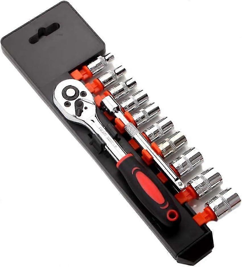1/4'' Ratchet Socket Wrench Set, Mechanic Tool Kit And Sockets Set With Quick Release Reversible Ratchet Handle And Extension Bar, 12 Pcs Set