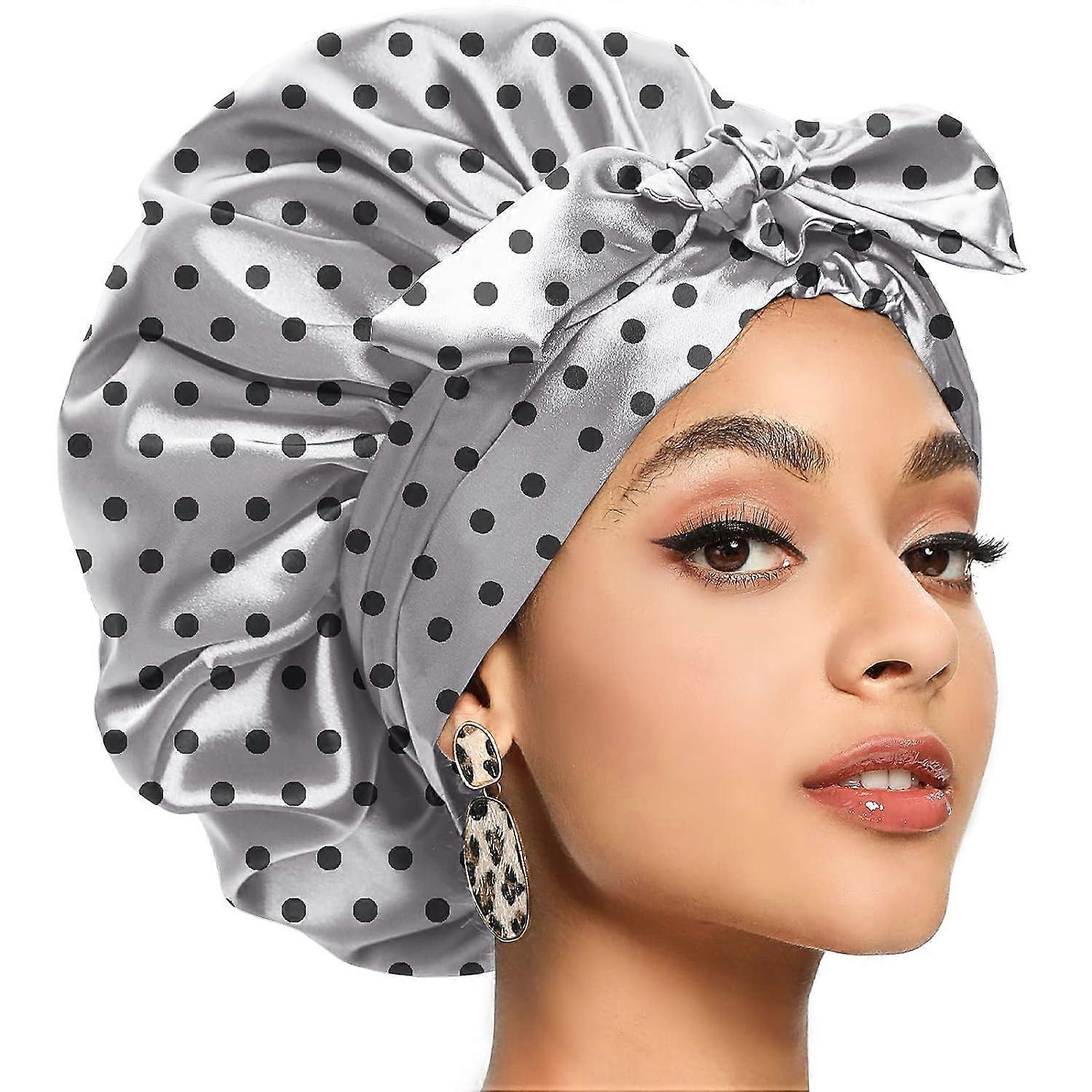 قبعة من الساتان النسائي ، قبعة حريرية للشعر المجعد ، قبعة شعر حريرية للنوم ، قبعة من الساتان للنساء ، قبعة كبيرة الحجم للجديلة مع ربطة عنق ، أزرق ياقوتي