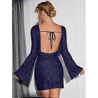 Womens Long Sleeve Sparkly Sequin Mini Dress Backless Bow Tie