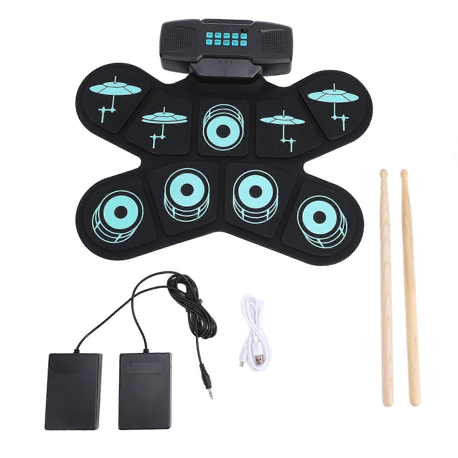 Electric Drum Pad Set Kids 9 Pads Roll Up Practice Tool with Sticks Headphone Jack Speaker Pedals