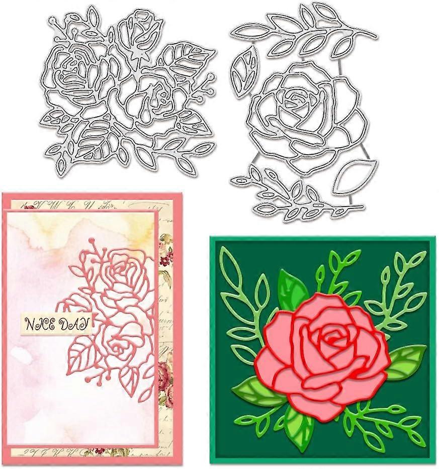 2pcs 3D Rose Flower Metal Die Cuts Wedding Flower Leaf Leaves Cutting Dies Stacked Rose Stencils Template for Decorative Embossing Paper Card DIY Scra