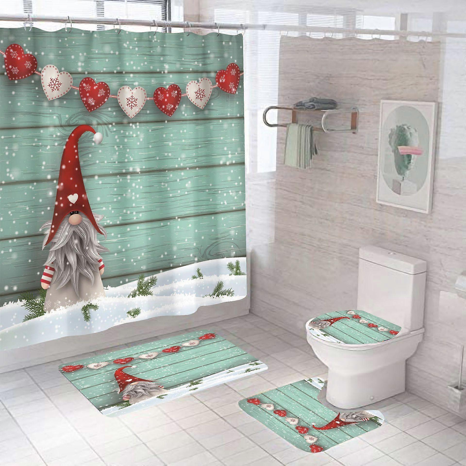 Kerstdouchegordijn Set van 4 met antislipmatten (stijl 9)