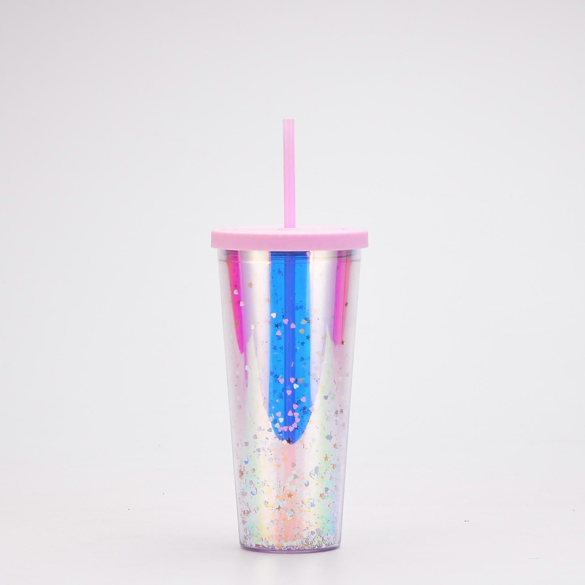 700ml Double-layer Plastic Cup, Simple Transparent Sequined Glitter Straw Cup, Large-capacity Water Cup
