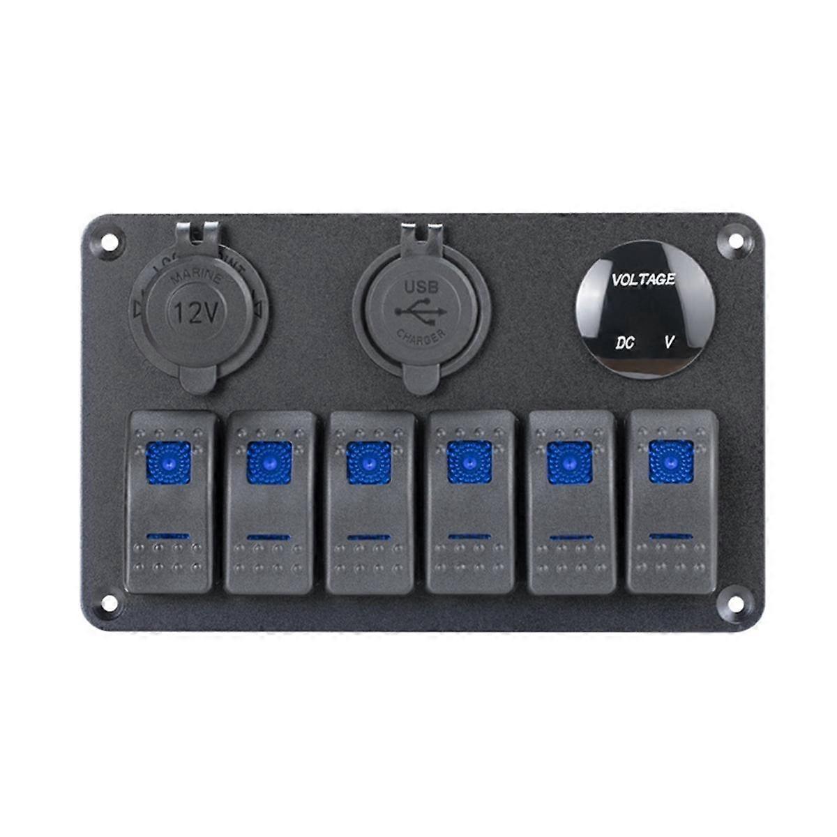 6 Gang Marine Rocker Switch Panel Waterproof 12 Volt, Boat Toggle Switch Panel 12V Blue LED Lighted