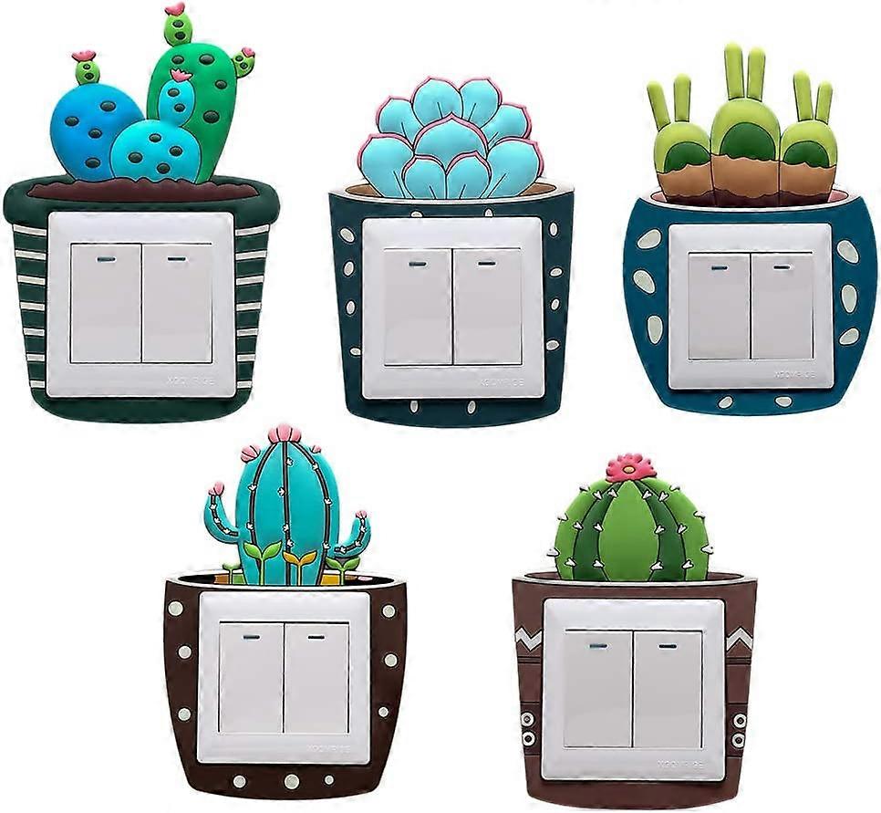 5 Pack Cactus Pattern Light Switch Rubber Wall Stickers, For Switch Outlet 8.6cm x 8.6cm