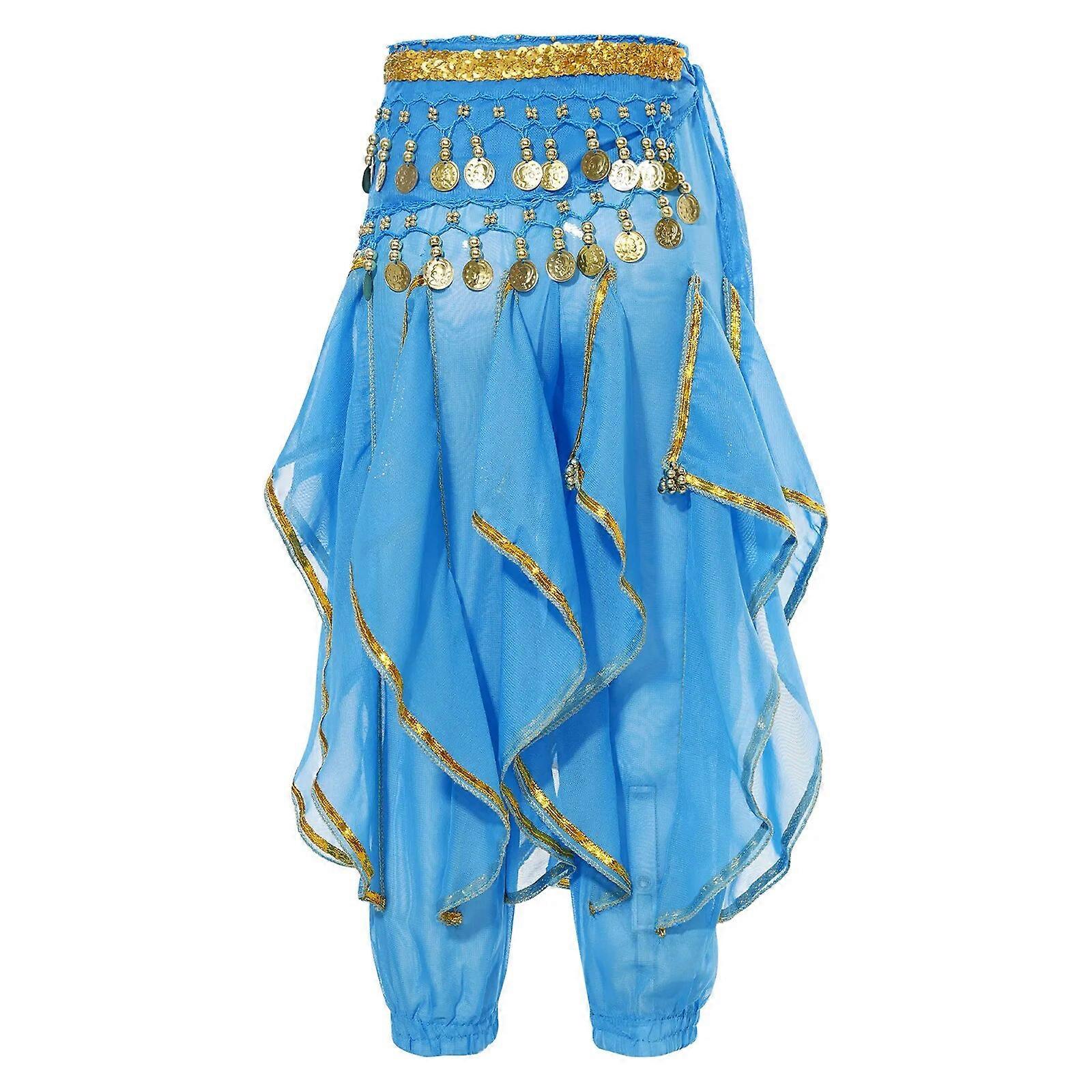 ילדים בנות קפלים ריקודי בטן מכנסיים עם חרוזים פאייטים שרשרת צעיף הירך קרנבל ילדים רייב ריקוד בגדי Bellydnace