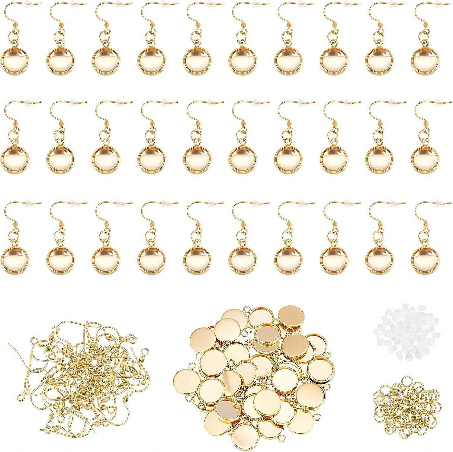 270Pcs Stainless Steel Earring Making Kit Golden Color Flat Round Drop Earring Wire Hooks with Blank Cabochon Settings Trays and Open Jump Ring for DI