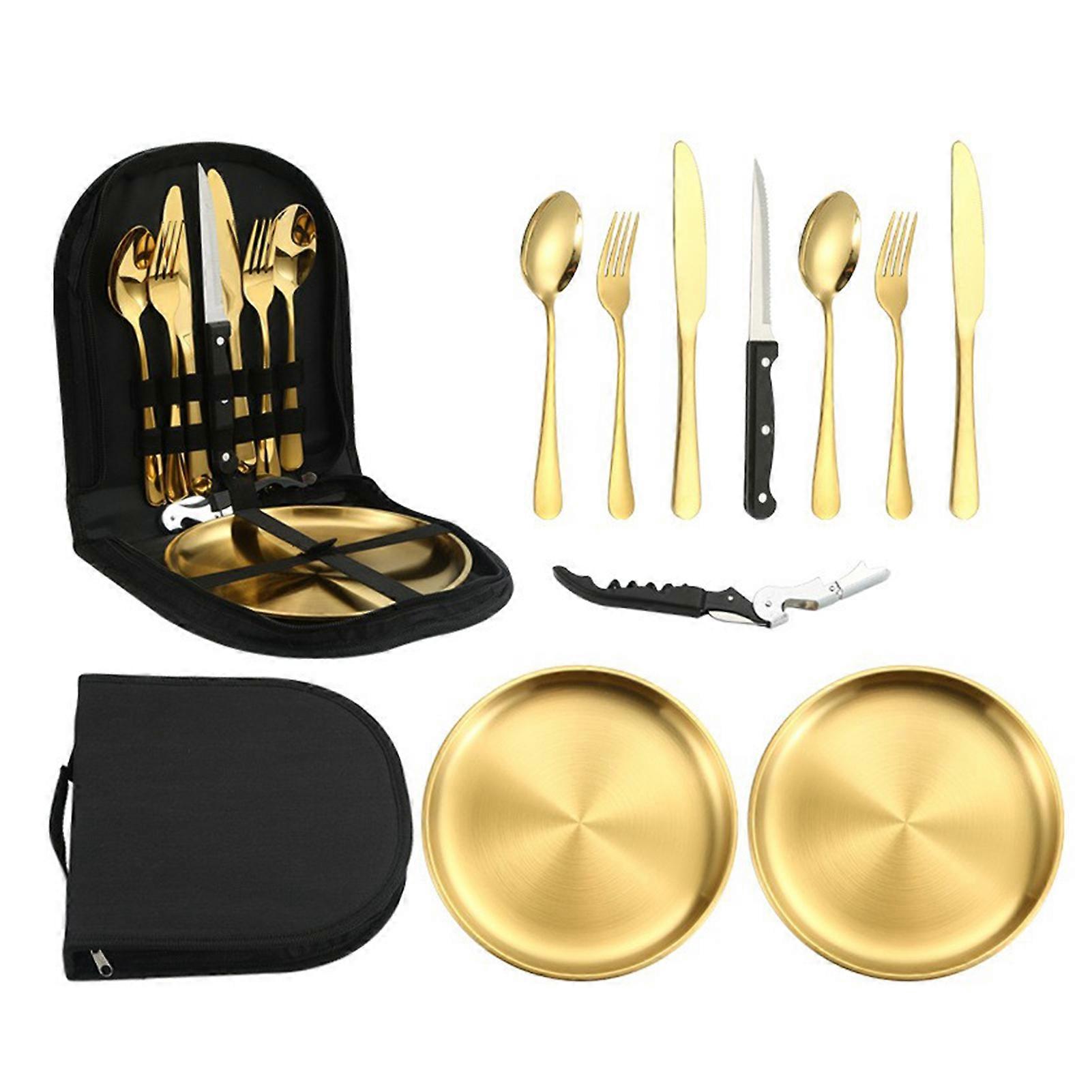 10-Piece Camping Tableware Set Portable Picnic Cutlery Set with Case Stainless Steel Plates Forks Spoons Knives Opener Tableware for Picnic BBQs Trave