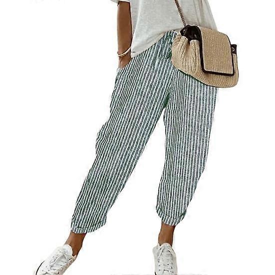 Women Casual Pants Striped Printed Loose Fit Long Pants Elastic Waist Adjustable Drawstring Leisure Trousers Streetwear