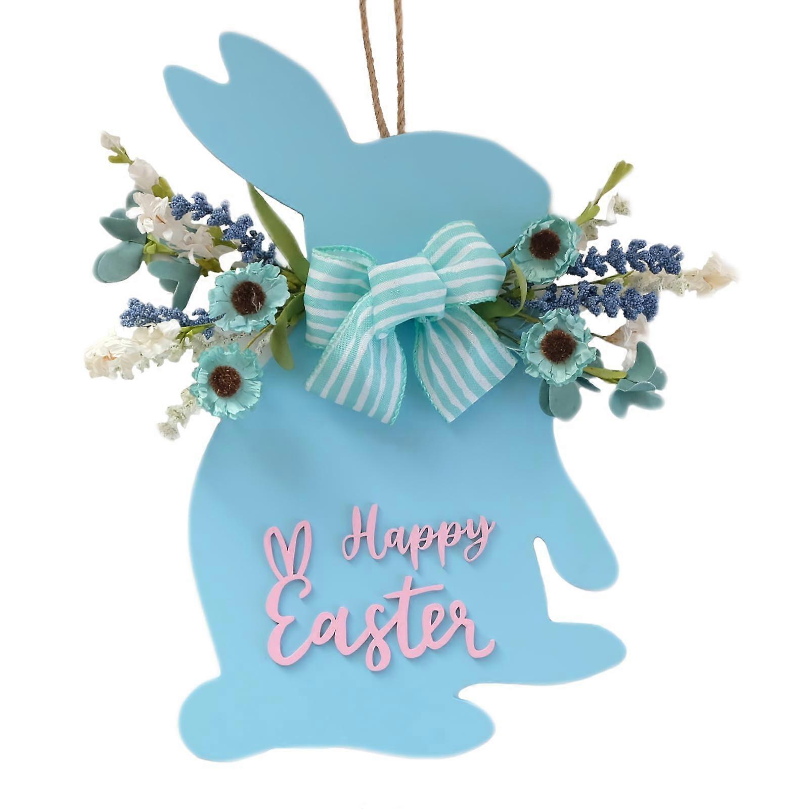 Blue Easter Bunny Wreath 18" - Spring Flower Decor with Wooden Sign for Farmhouse Front Door