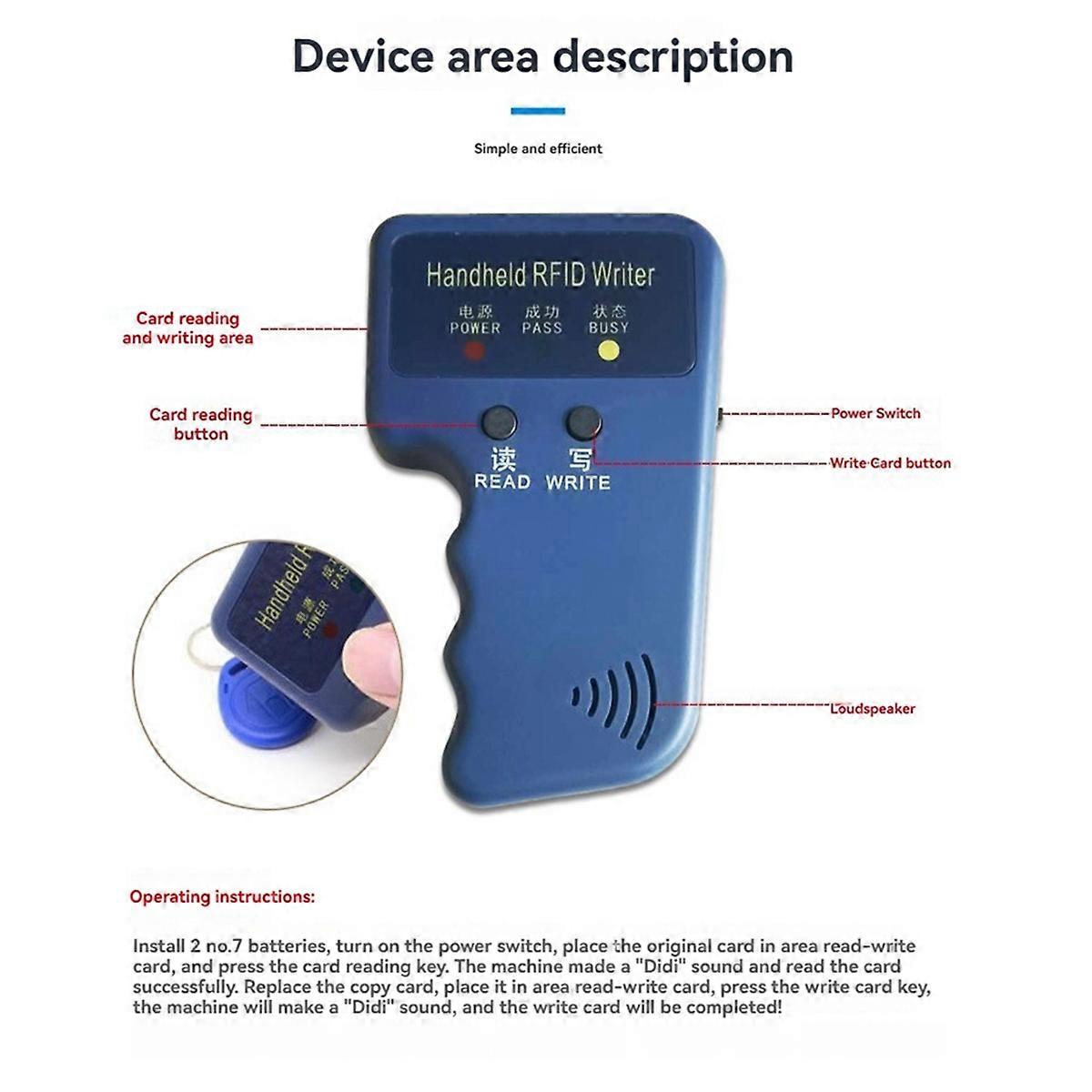 125KHz Card Reader Writer for ID HID and AWID Handheld RFID Copier with 3 T5577 Key Fobs