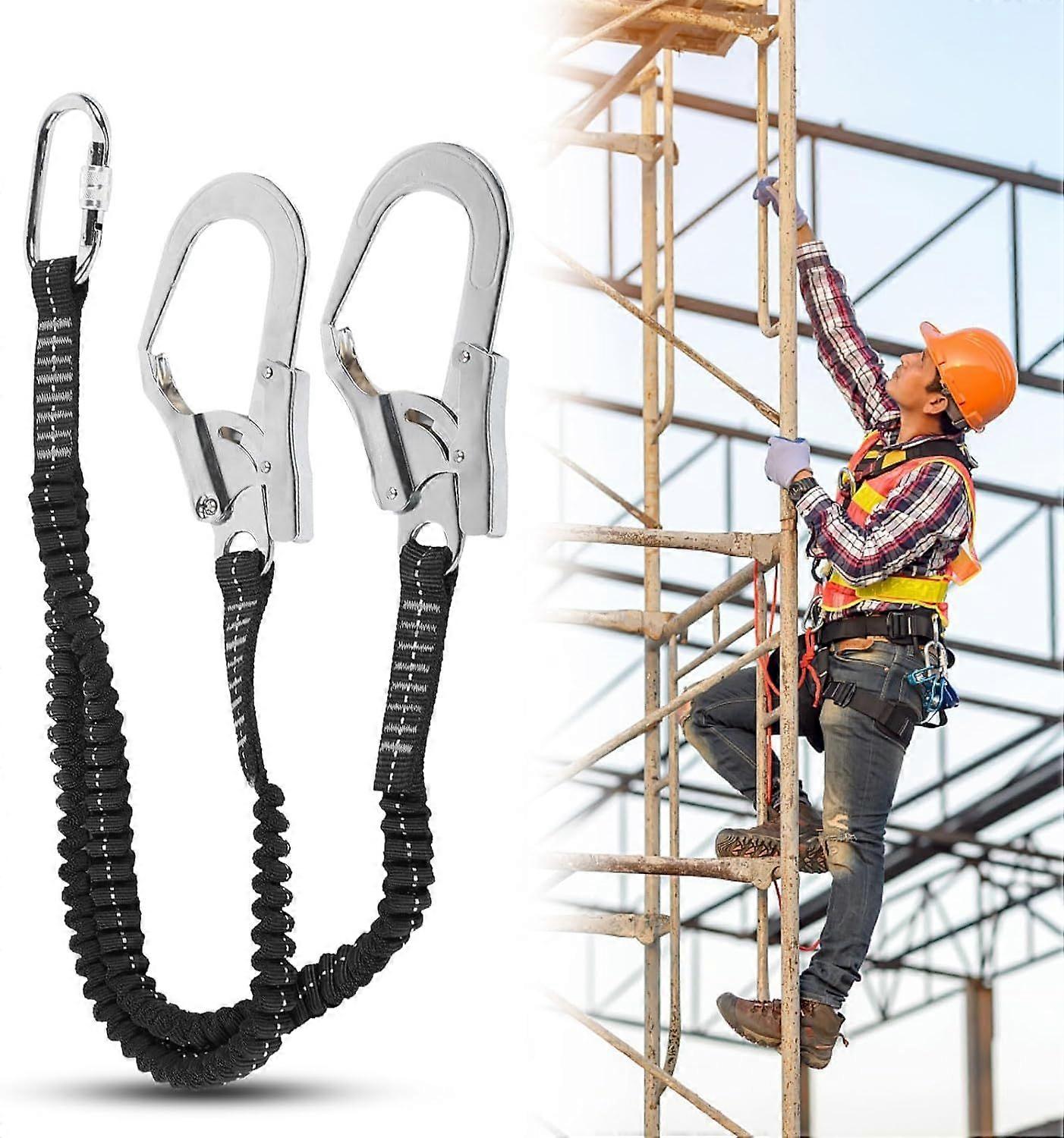 80-140cm/31.5-55.1in Safety Belt Bungee Hook, Double Large Steel Hook Cord Safety Lanyard Shock Absorbing Fall Protection Safety Rope for Outdoor