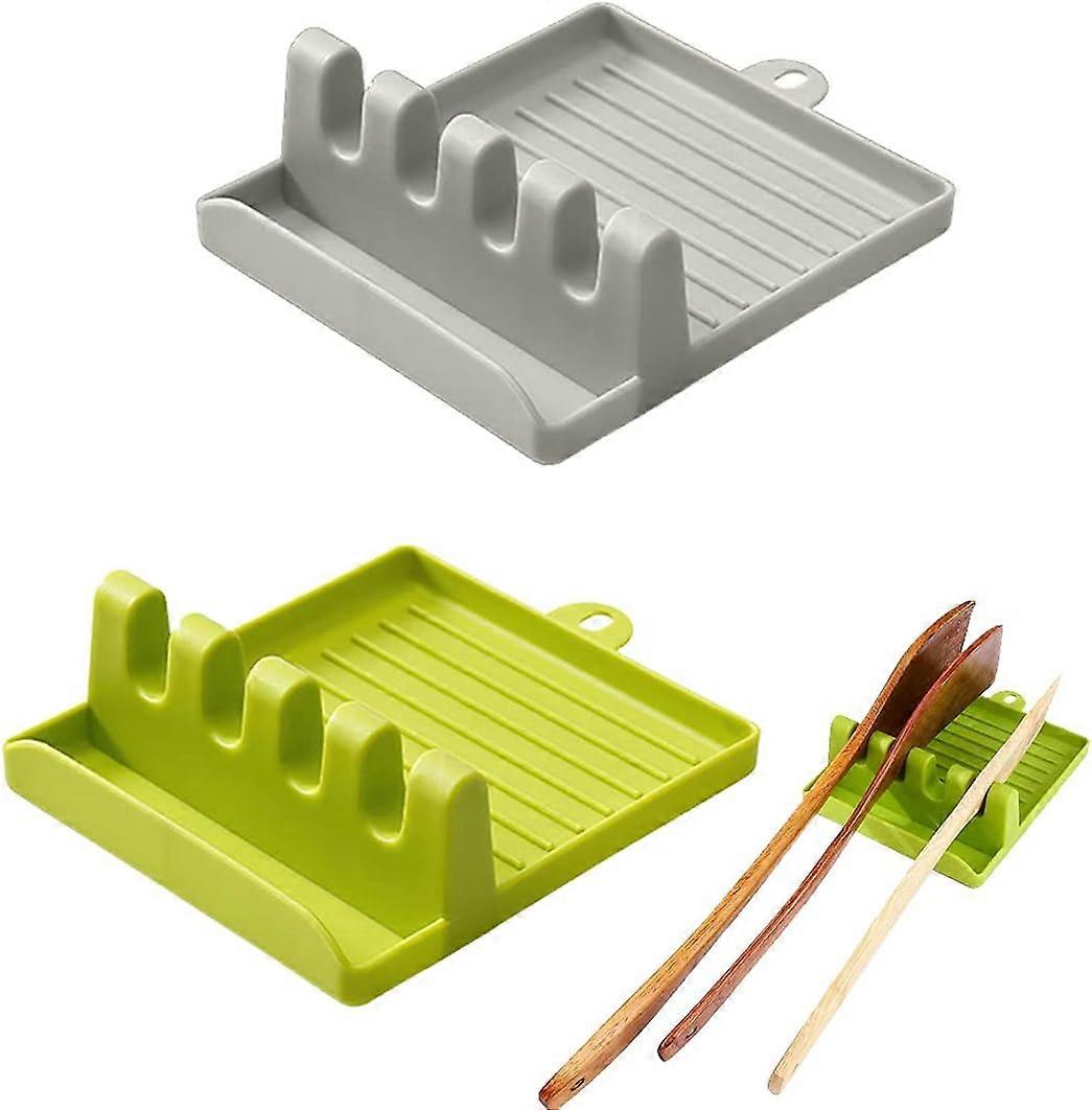 2 stuks lepelsteun gebruiksvoorwerphouder, plastic keukengereihouder, siliconen lepelsteun om te koken, spatel, pannenlap (groen en grijs)