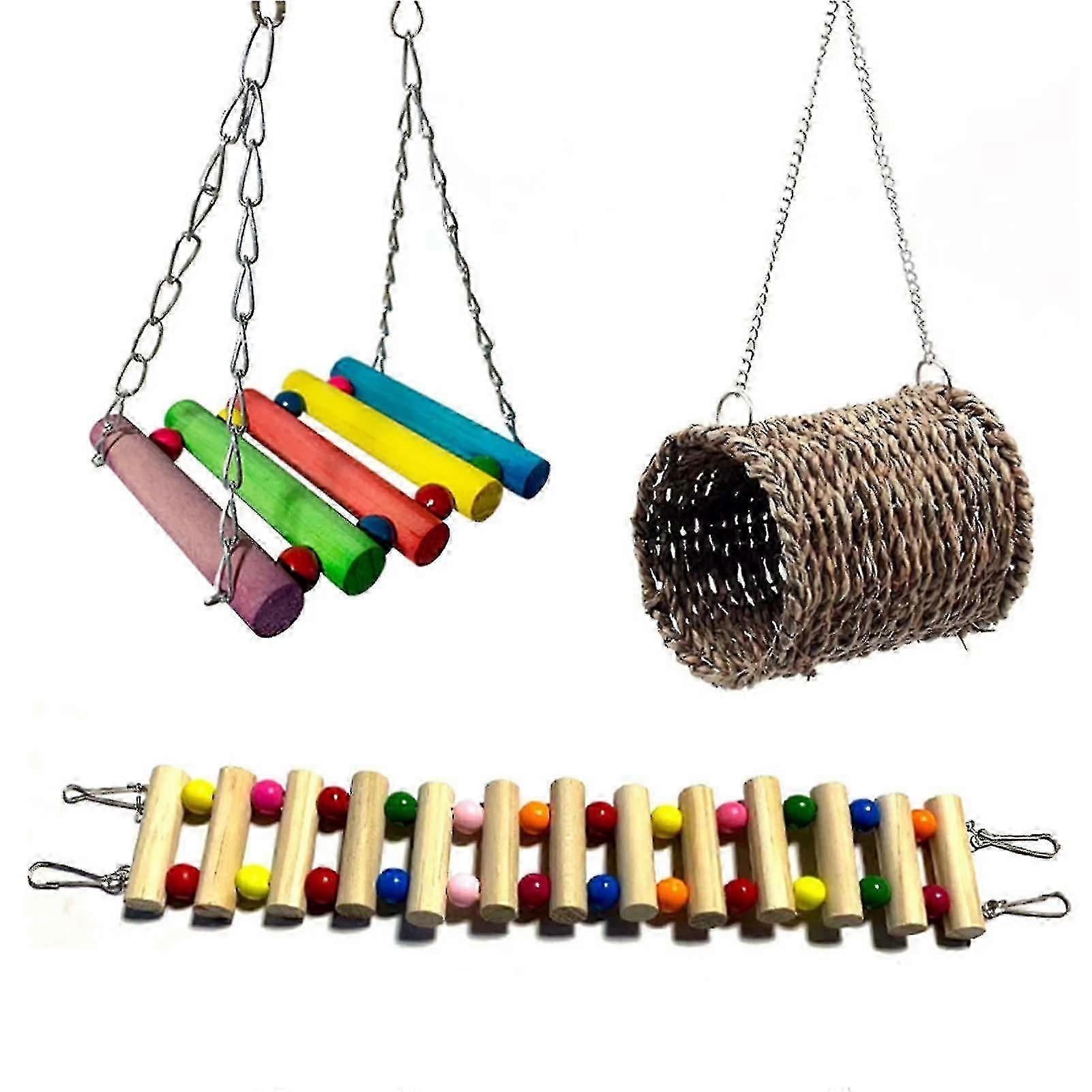 3 Adet Kuş Papağan Oyuncakları Kuş Ahşap Merdiven Evcil Hayvan Kuş Kafesi Salıncak Oyuncak Doğal Çim Dokuma Yuva Asılı Oyuncak Küçük Muhabbet Kuşu İçin Hokalılar Conures Amerika Papağanı Pa