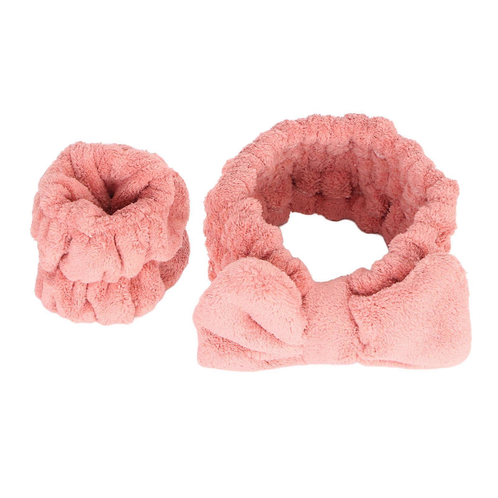 Headband and Wrist Band Bowknot Style Elastic Solid Color Washing Face Makeup Fuzzy Head Wrap Set For Women