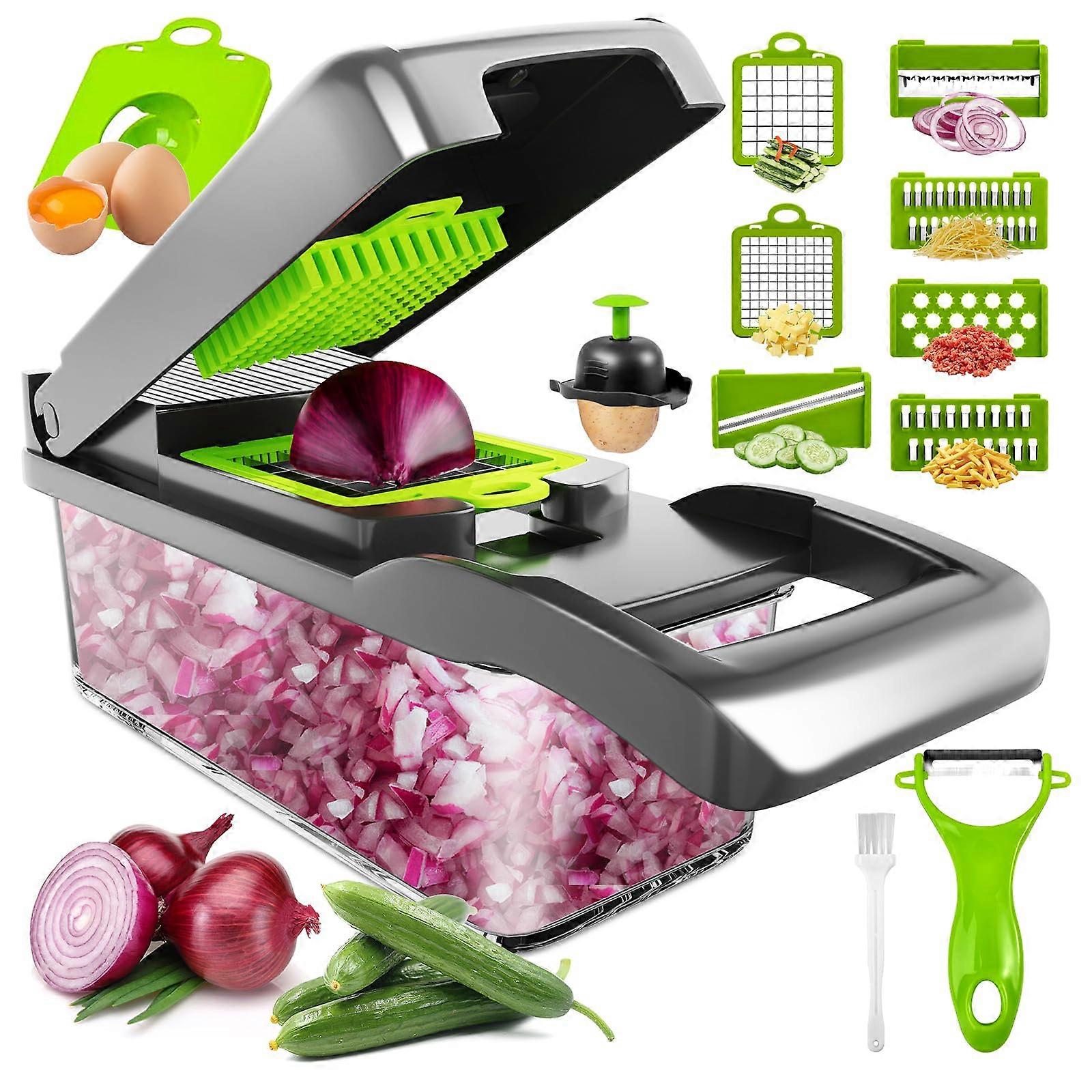 Vegetable Chopper 14 in 1 Multifunctional Food Slicer Dicer with Peeler and Container for Onion Carrot Cucumber Grey