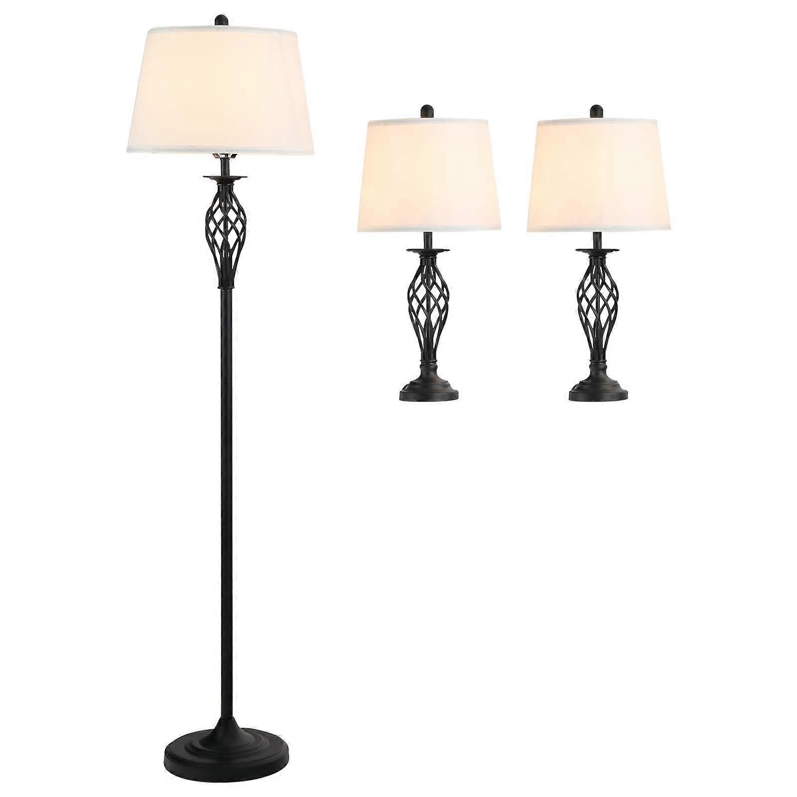 3 Piece Table Floor Lamp Set with Metal Pole, Round Base, and Fabric Lampshade, for Living Room, Black/White
