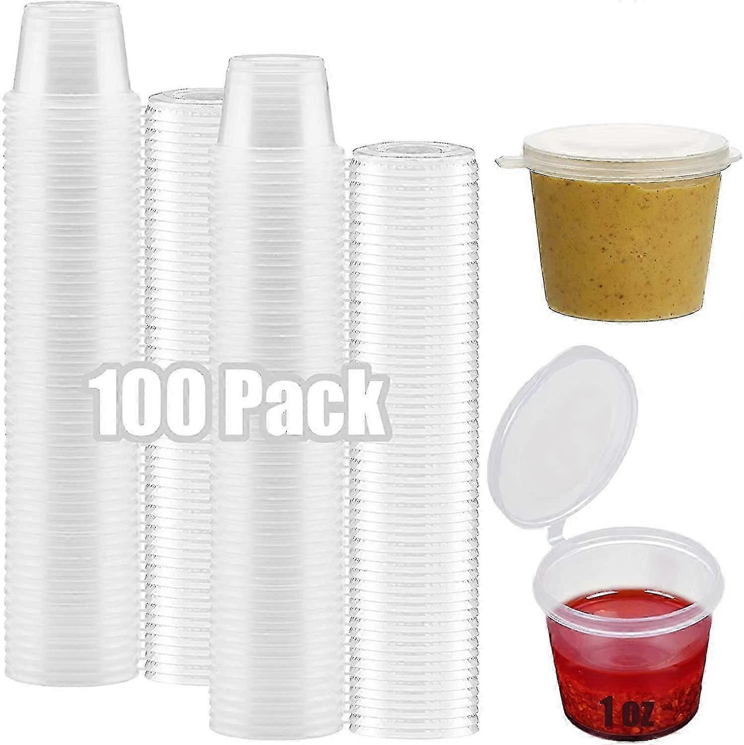 100 * 1oz Round Food Container Pots With Lids, Plastic Hinged Sauce Pots Reusable Jelly