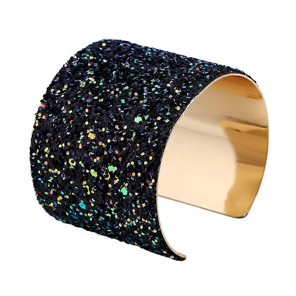 Sequin Cuff Bracelet for Women Black Wide Open Sparkling Bangle