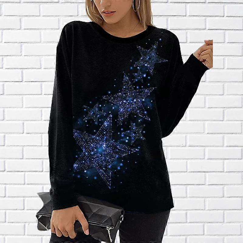 Kvinnor Höst Toppar Lös Katt Mousserande Pentagram Tryck Foghals Långärmad T-shirt Topp Blus