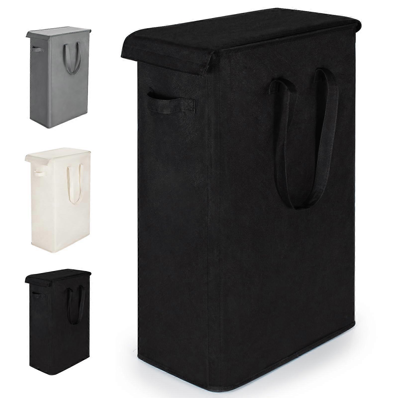 Slim Laundry Hamper with Lid 55L Foldable Oxford Fabric Basket Long Handle Rectangular Black for Dirty Clothes Storage