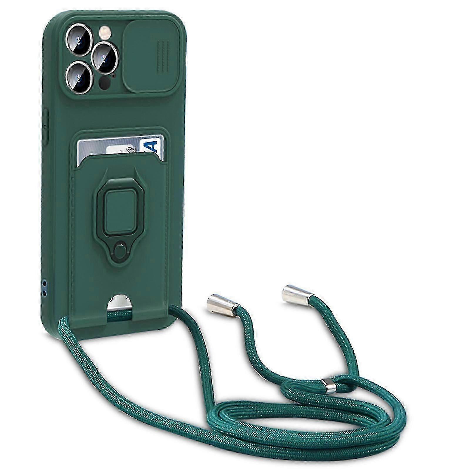 Crossbody Strap for iPhone 15 Pro Max/15 Ultra Case with Card Holder Ring Kickstand, Scratch-Resistant Shockproof Slide Lens Camera Protection Case