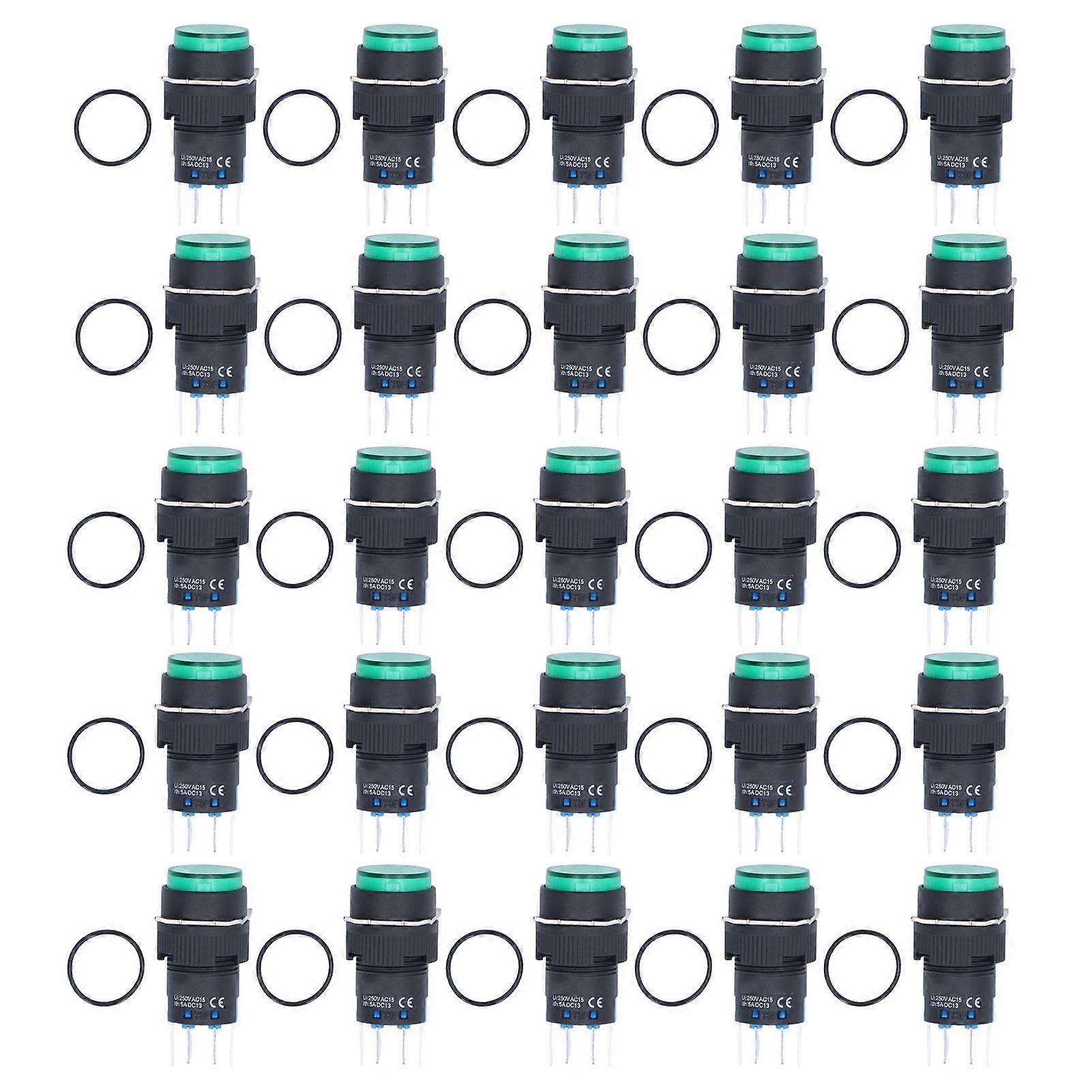 25Pcs Button Switch Momentary Self Locking 8 Pin 16mm Round with Light 12V for ControlGreen