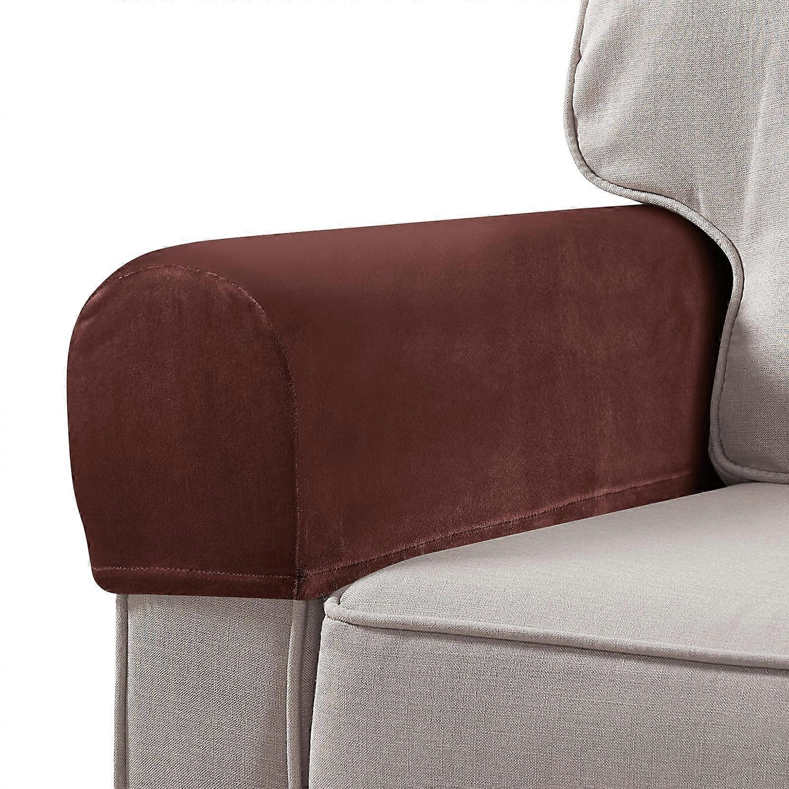 2Pcs Universal Elastic Sofa Armrest Covers Solid Color Protector Cloth Coffee