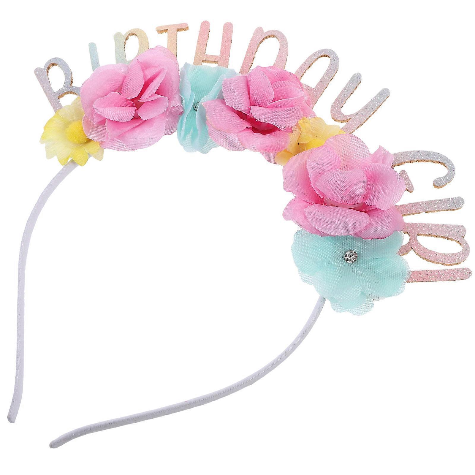 Happy Birthday Headband with Realistic Flowers and Letters for Women PU and Cloth Multi